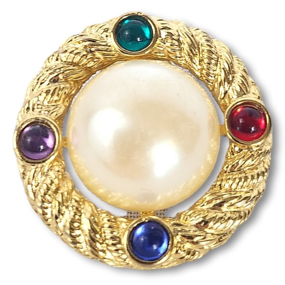 90's Earrings Pearlized Cabochons Gold Tone jewel Accents - Picture 4 of 7